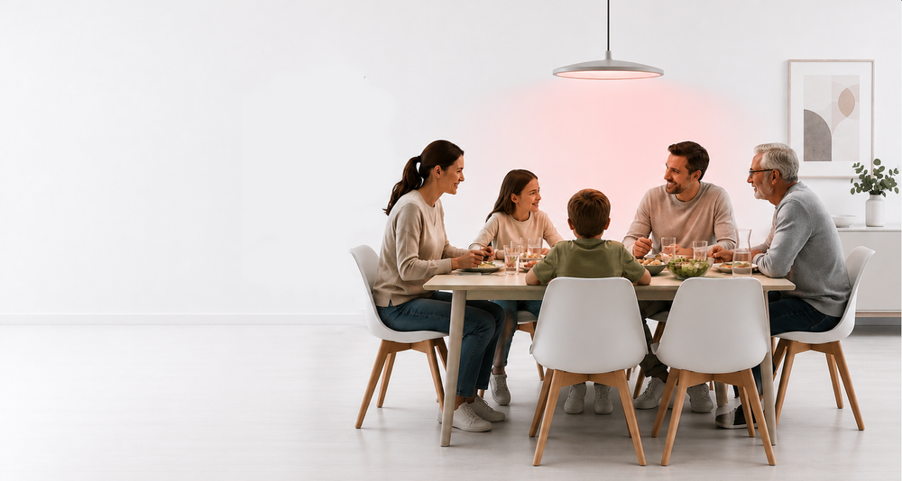 A family eating dinner together under a soft red pendant light