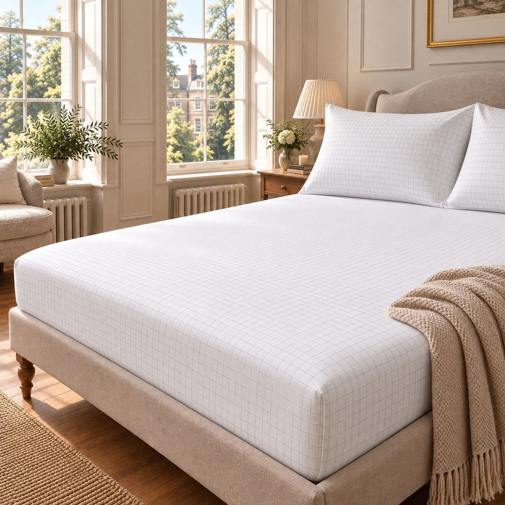 Grounding fitted sheet on a bed in a bright bedroom