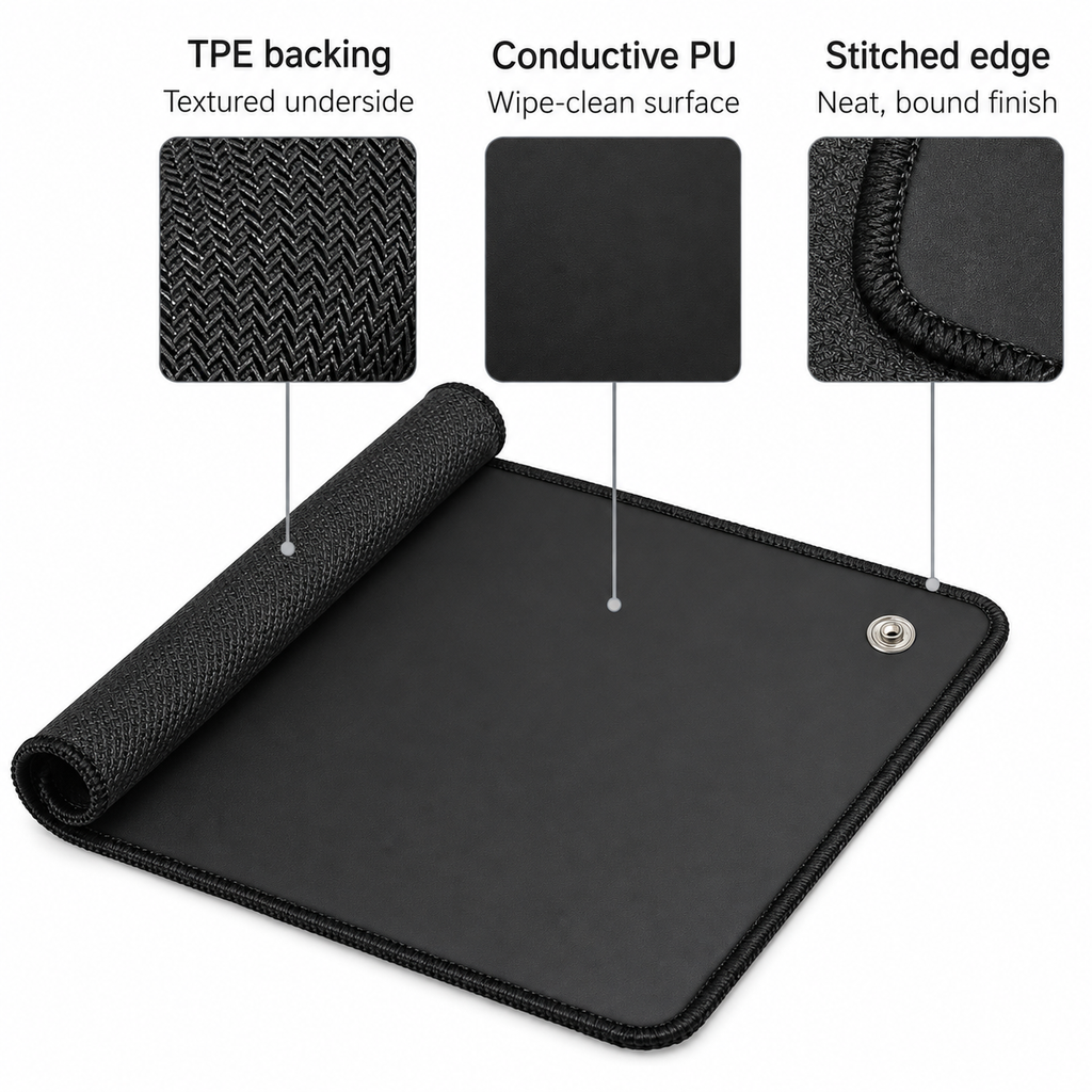 Black anti-static mouse pad with a rolled corner showing its textured TPE backing, featuring feature callout graphics with labels for TPE backing, Conductive PU, and Stitched edge on a white background.