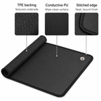 Black anti-static mouse pad with a rolled corner showing its textured TPE backing, featuring feature callout graphics with labels for TPE backing, Conductive PU, and Stitched edge on a white background.