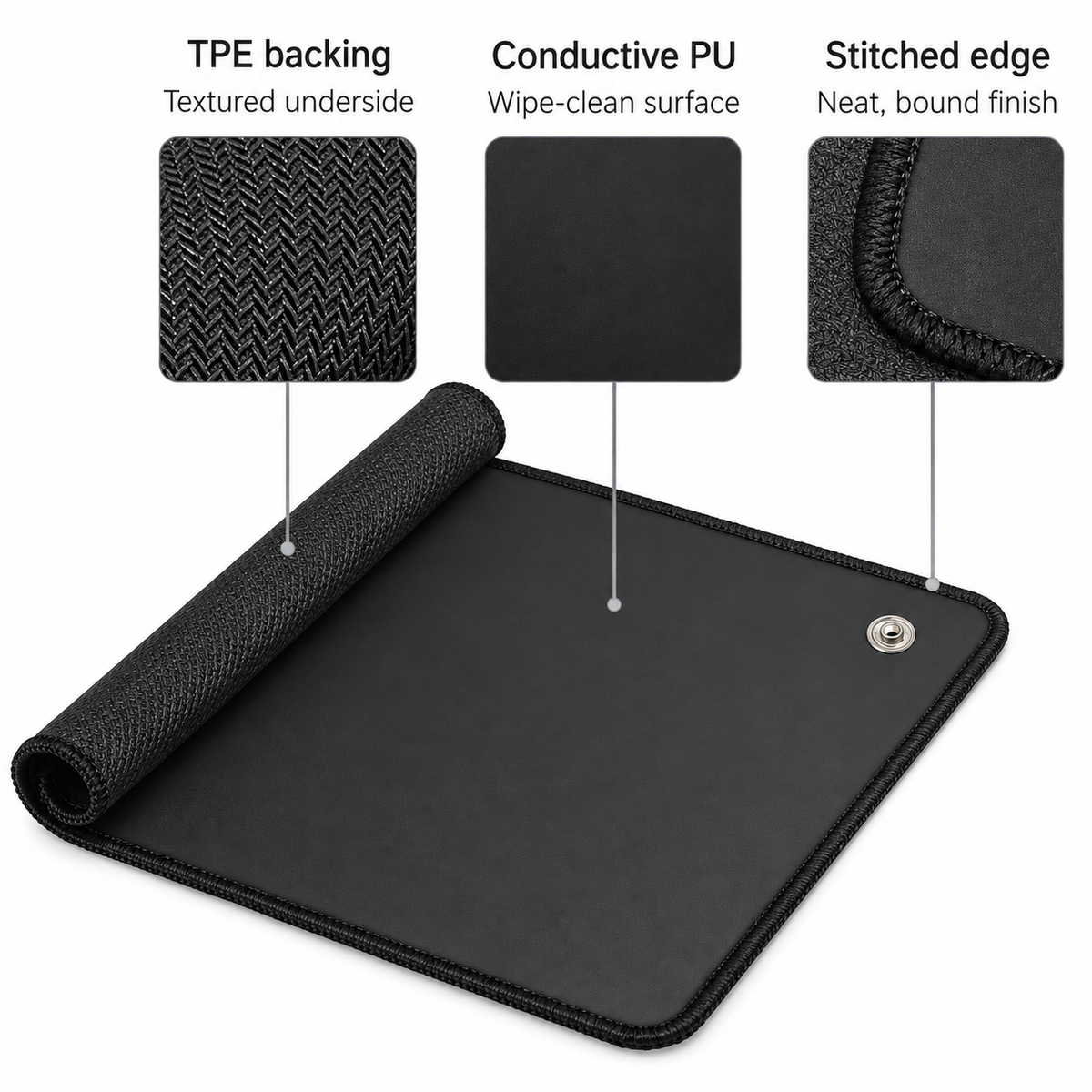 Black anti-static mouse pad with a rolled corner showing its textured TPE backing, featuring feature callout graphics with labels for TPE backing, Conductive PU, and Stitched edge on a white background.