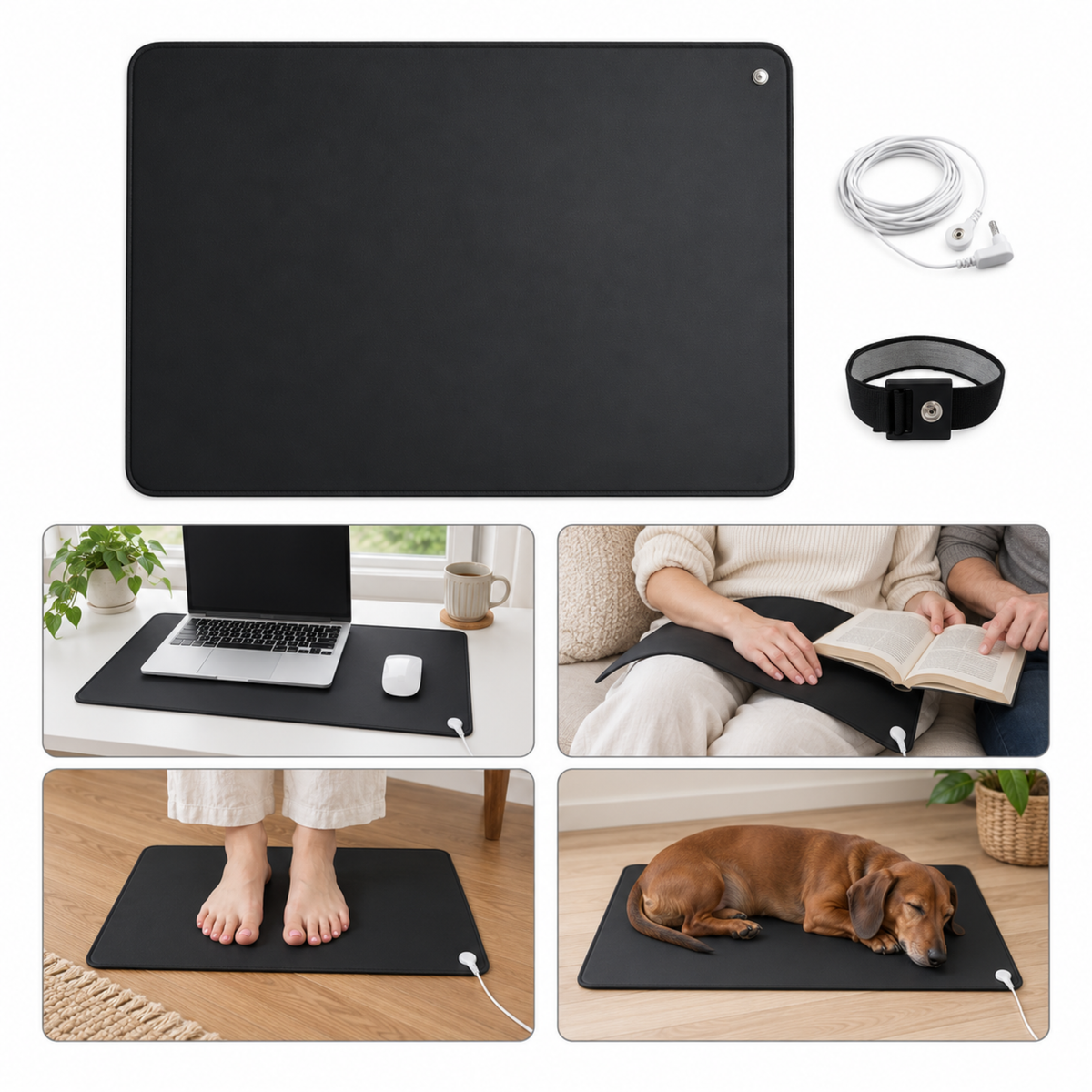 A black rectangular heated desk mat or pad shown on a white background, with four smaller lifestyle photos below demonstrating use: on a desk with a laptop, worn around a person's legs while reading, under bare feet, and under a sleeping dog. Small accessories are shown at the top right, including a white cable, earphones, and a black strap with a circular control.