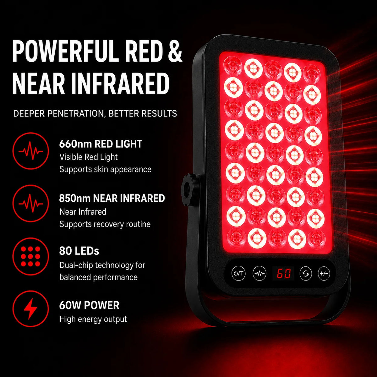 Oxygen Room Lux 60 red and near-infrared light therapy panel on its extendable stand