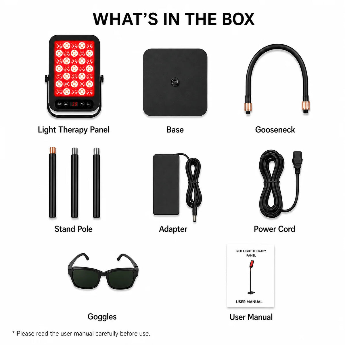 What's in the box with the Lux 60: panel, base, gooseneck, stand poles, adapter, power cord and goggles
