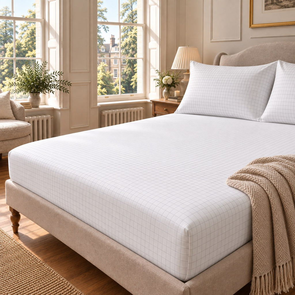 Grounding fitted sheet on a bed in a bright bedroom
