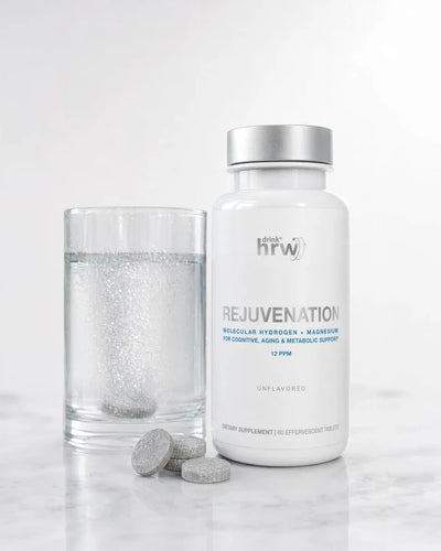 Rejuvenation molecular hydrogen tablets with a glass of fizzing hydrogen water