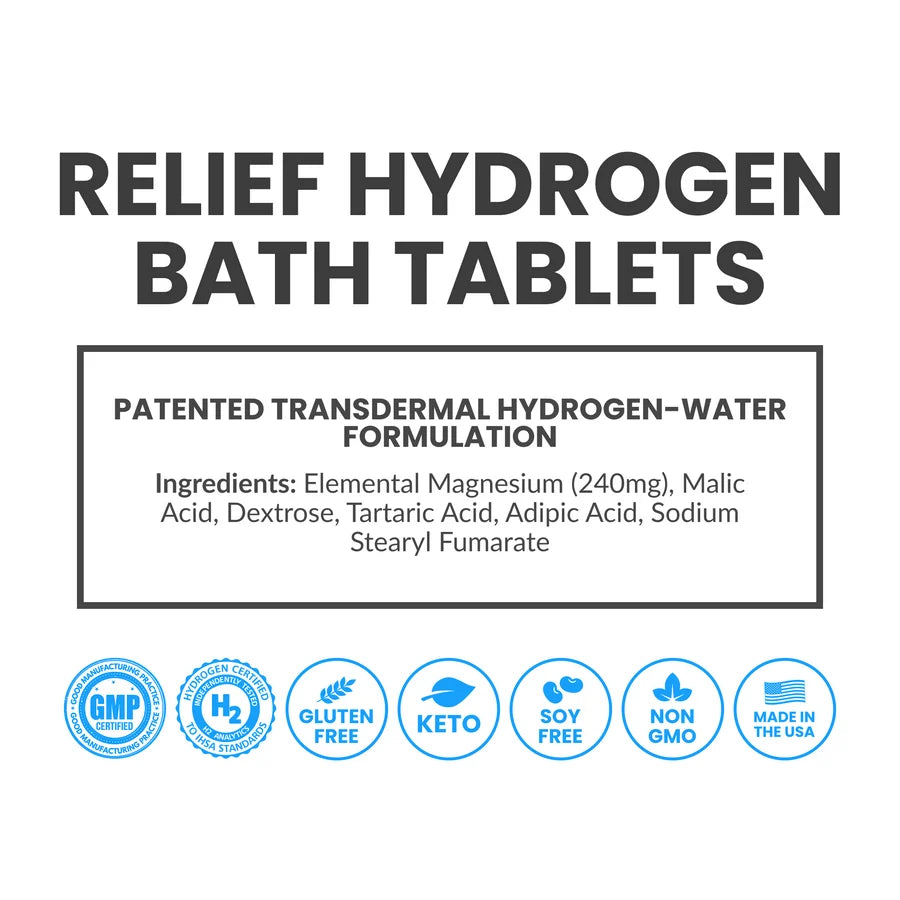 Relief hydrogen bath tablets ingredients: 240mg magnesium per tablet