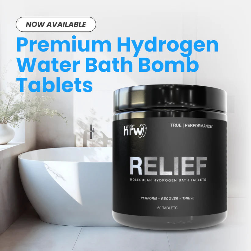 Relief hydrogen bath tablets, 60 tablets, beside a bath