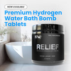 Relief hydrogen bath tablets, 60 tablets, beside a bath