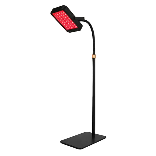 A modern LED light therapy panel on a flexible gooseneck stand with a square base, shown against a solid light beige background.